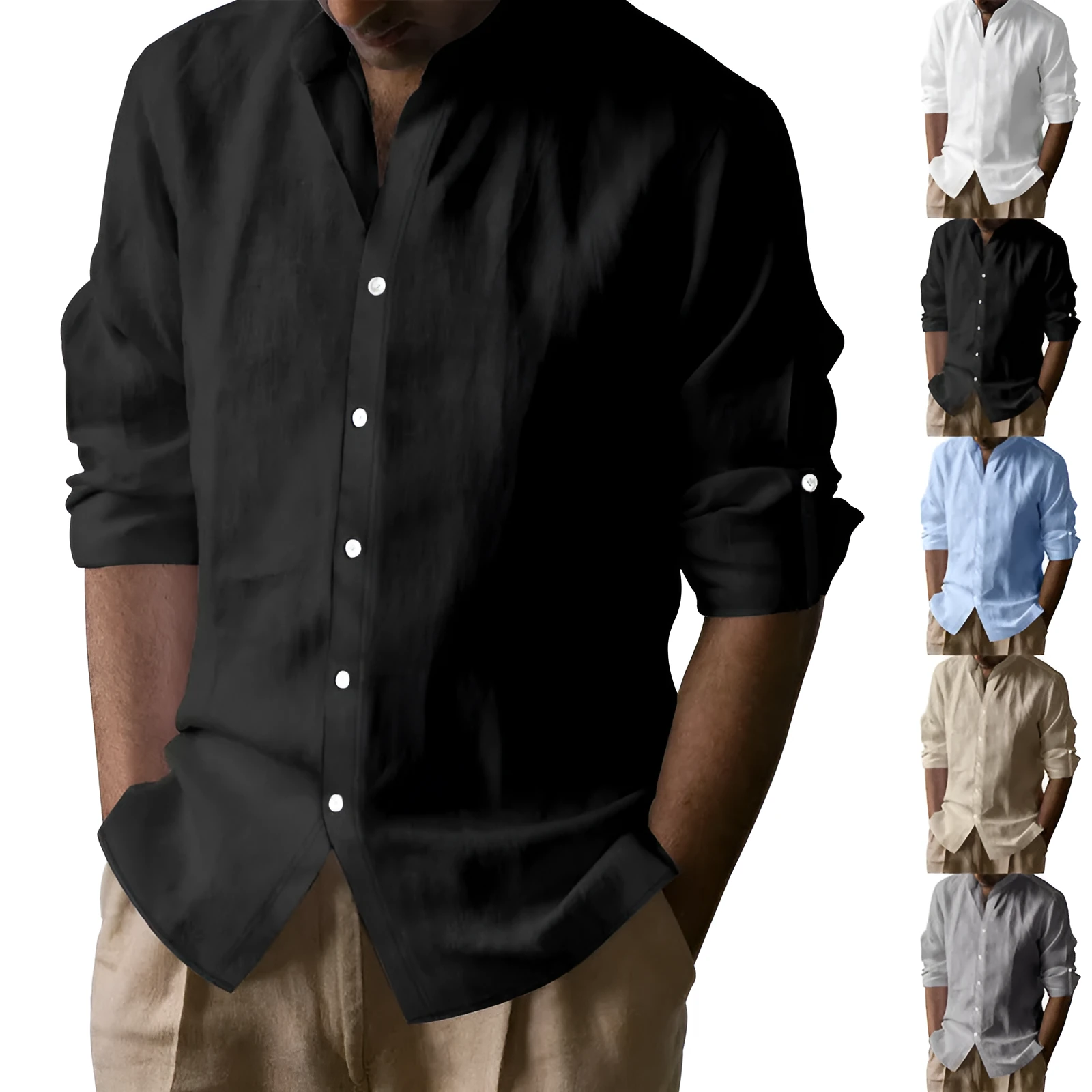 Men's linen-cotton long sleeve stand collar shirt in solid colour, slim fit, cardigan style