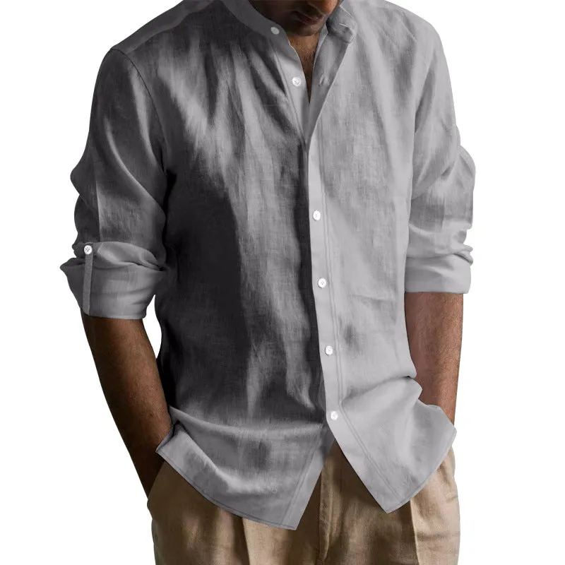 Men's linen-cotton long sleeve stand collar shirt in solid colour, slim fit, cardigan style