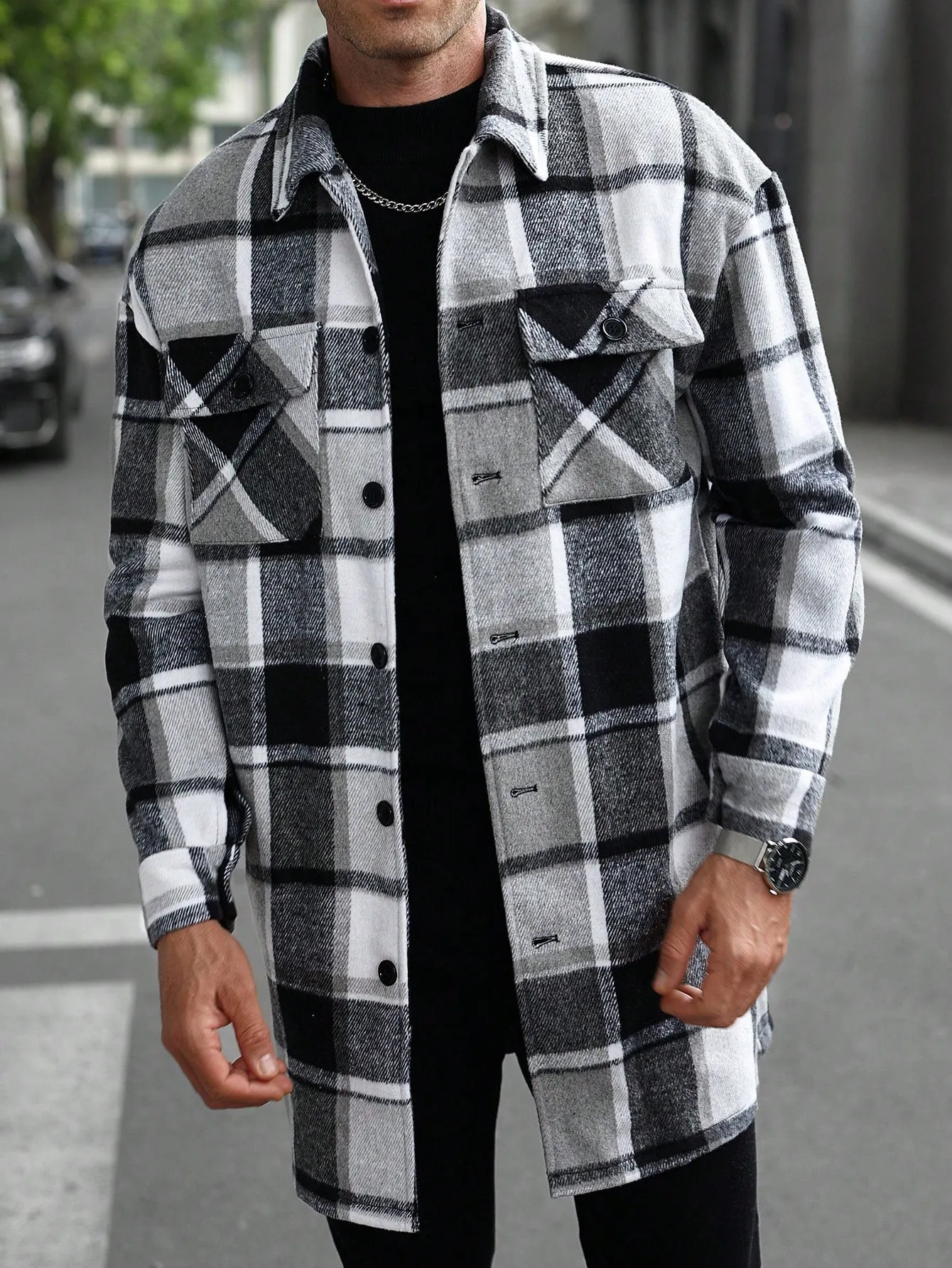 Men's long casual button shirt jacket grid pattern slim fit with double 3D patch pockets in five colours S-XXL