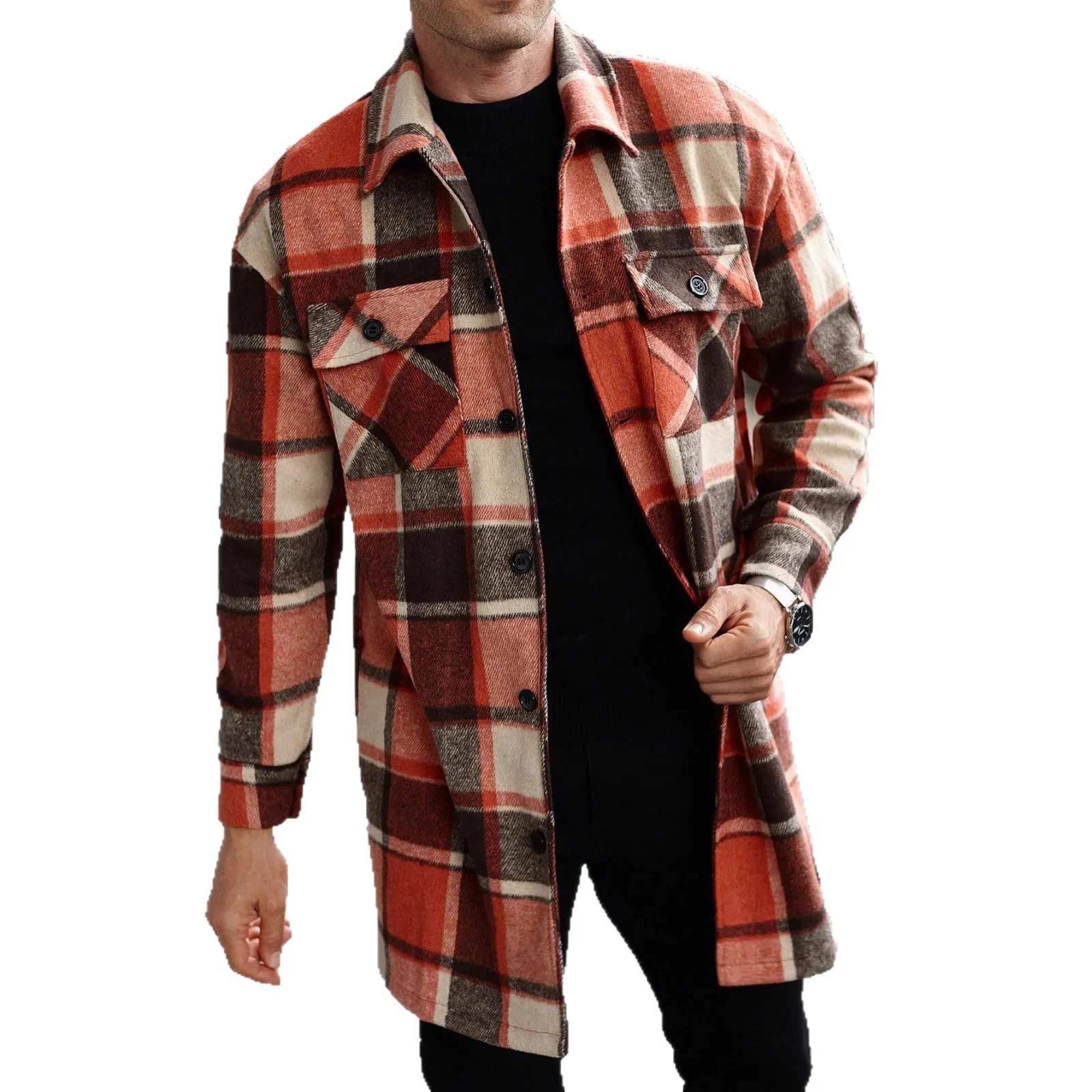 Men's long casual button shirt jacket grid pattern slim fit with double 3D patch pockets in five colours S-XXL