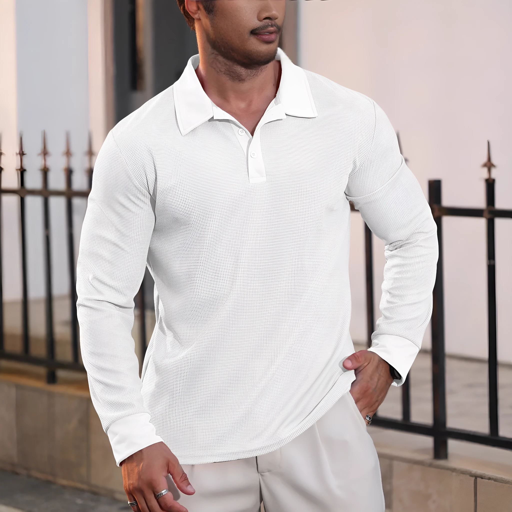 Men's lapel grid pattern long sleeve polyester sweater in autumn colours, front view