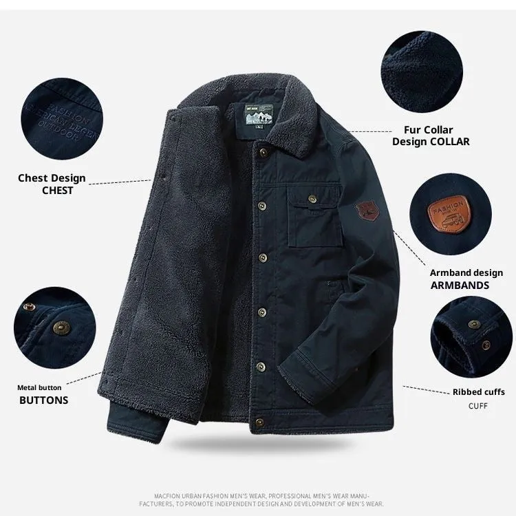 Men's thick fleece short cotton jacket in army green with single-breasted placket and fleece lining