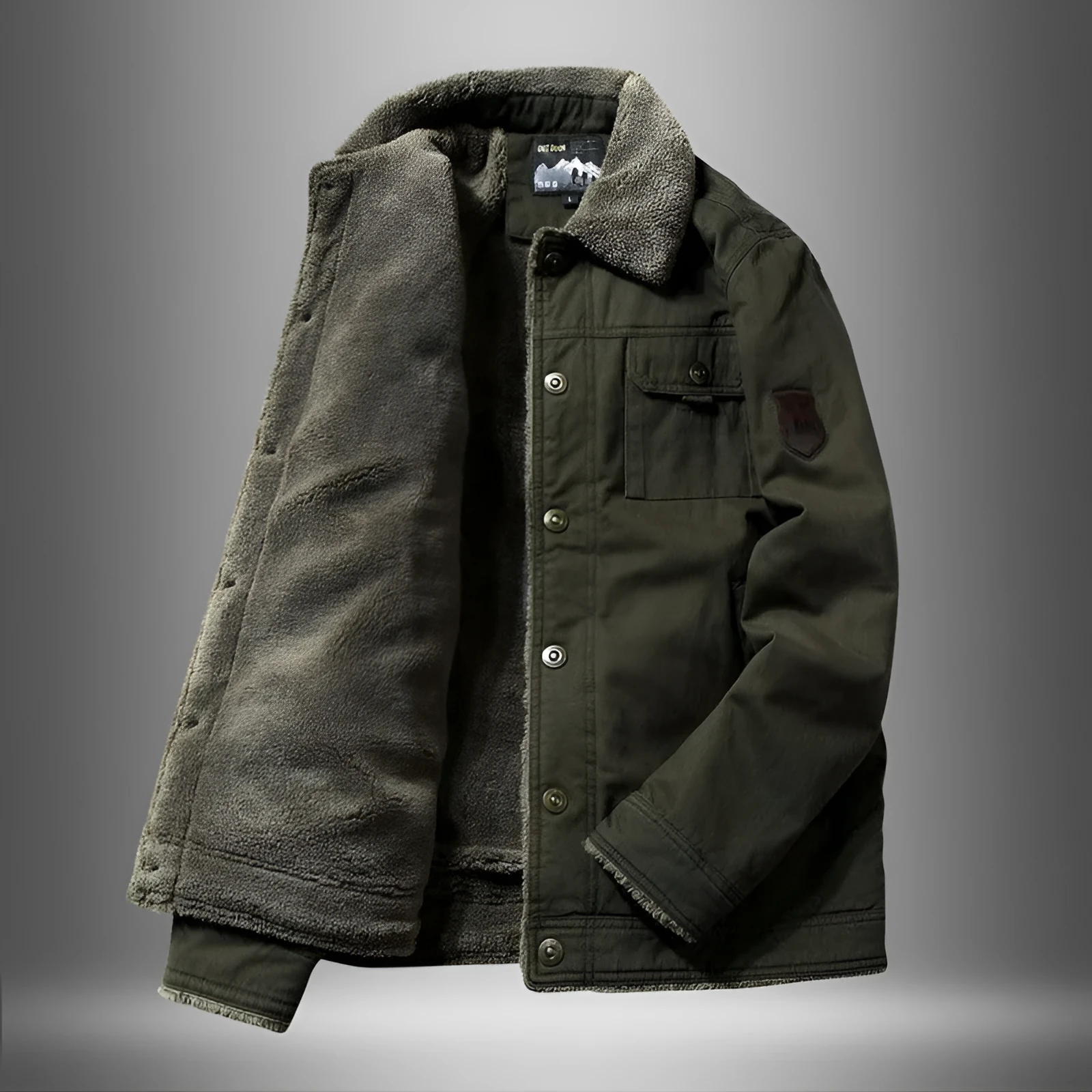 Men's thick fleece short cotton jacket in army green with single-breasted placket and fleece lining