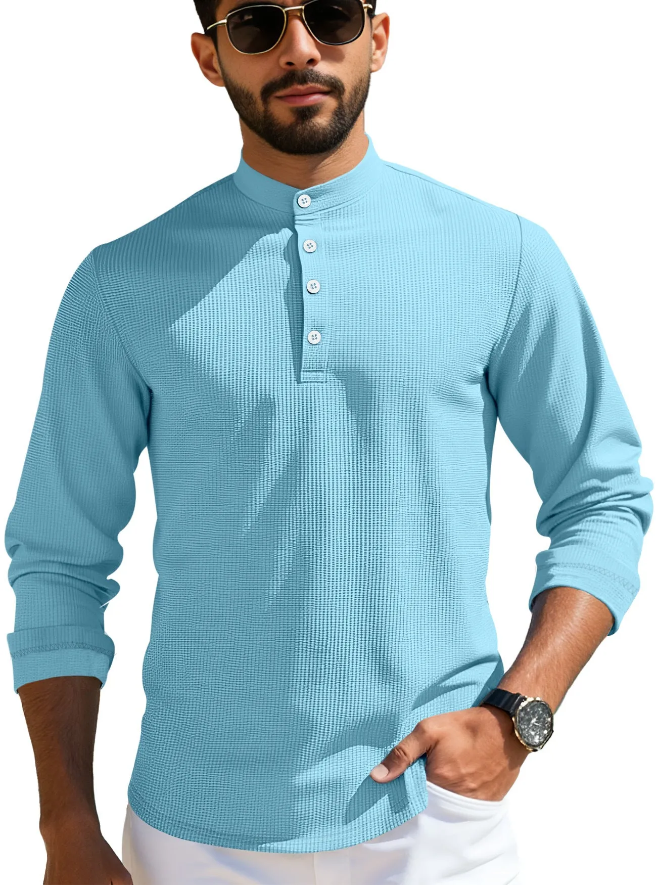 Men's grid pattern polyester long-sleeved casual cardigan in loose fit, shown in one of six available colours.