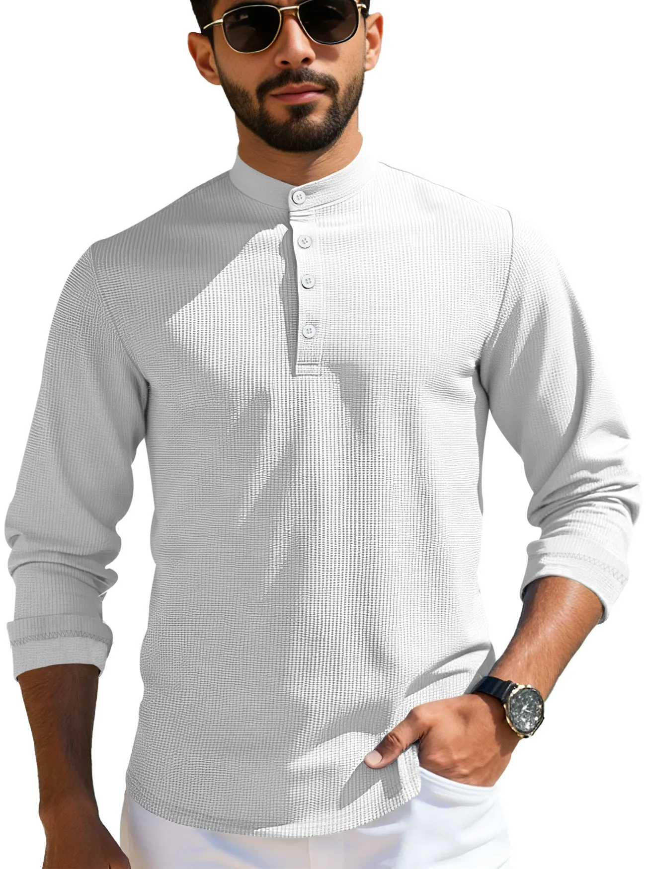 Men's grid pattern polyester long-sleeved casual cardigan in loose fit, shown in one of six available colours.