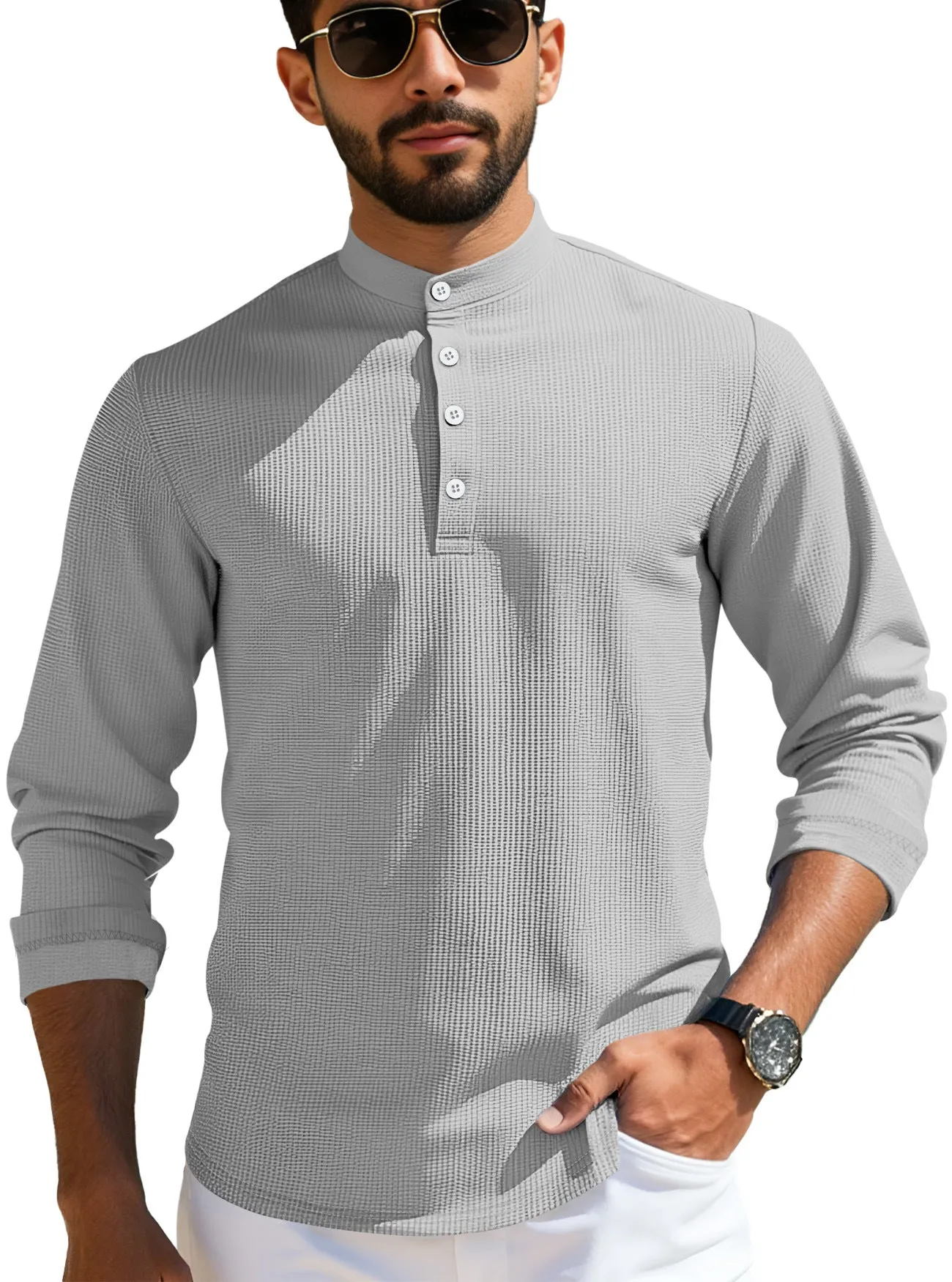 Men's grid pattern polyester long-sleeved casual cardigan in loose fit, shown in one of six available colours.