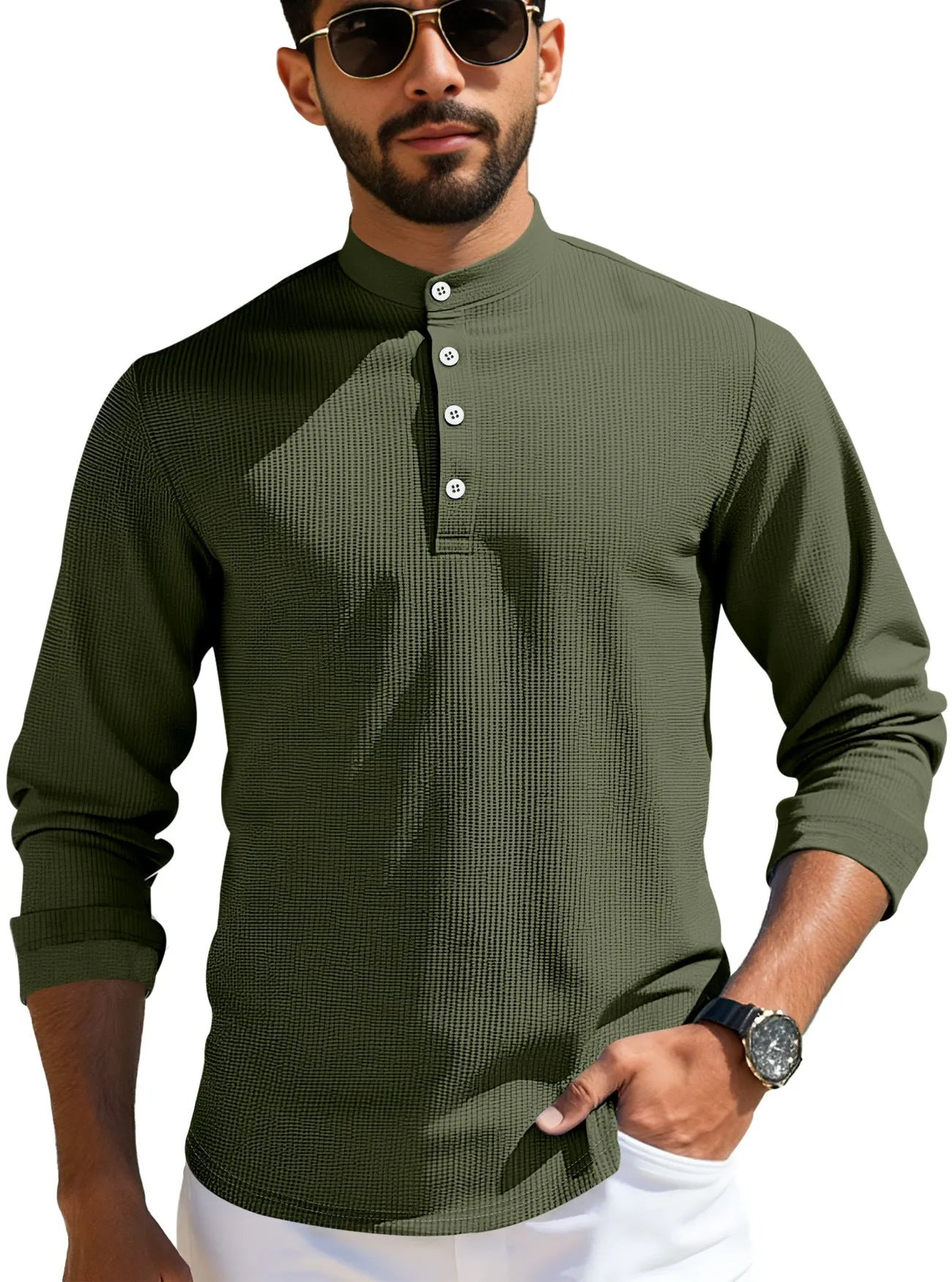 Men's grid pattern polyester long-sleeved casual cardigan in loose fit, shown in one of six available colours.