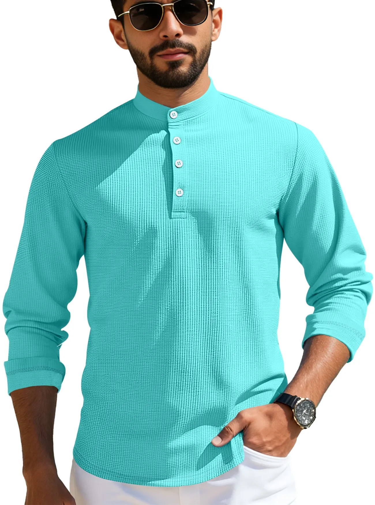 Men's grid pattern polyester long-sleeved casual cardigan in loose fit, shown in one of six available colours.