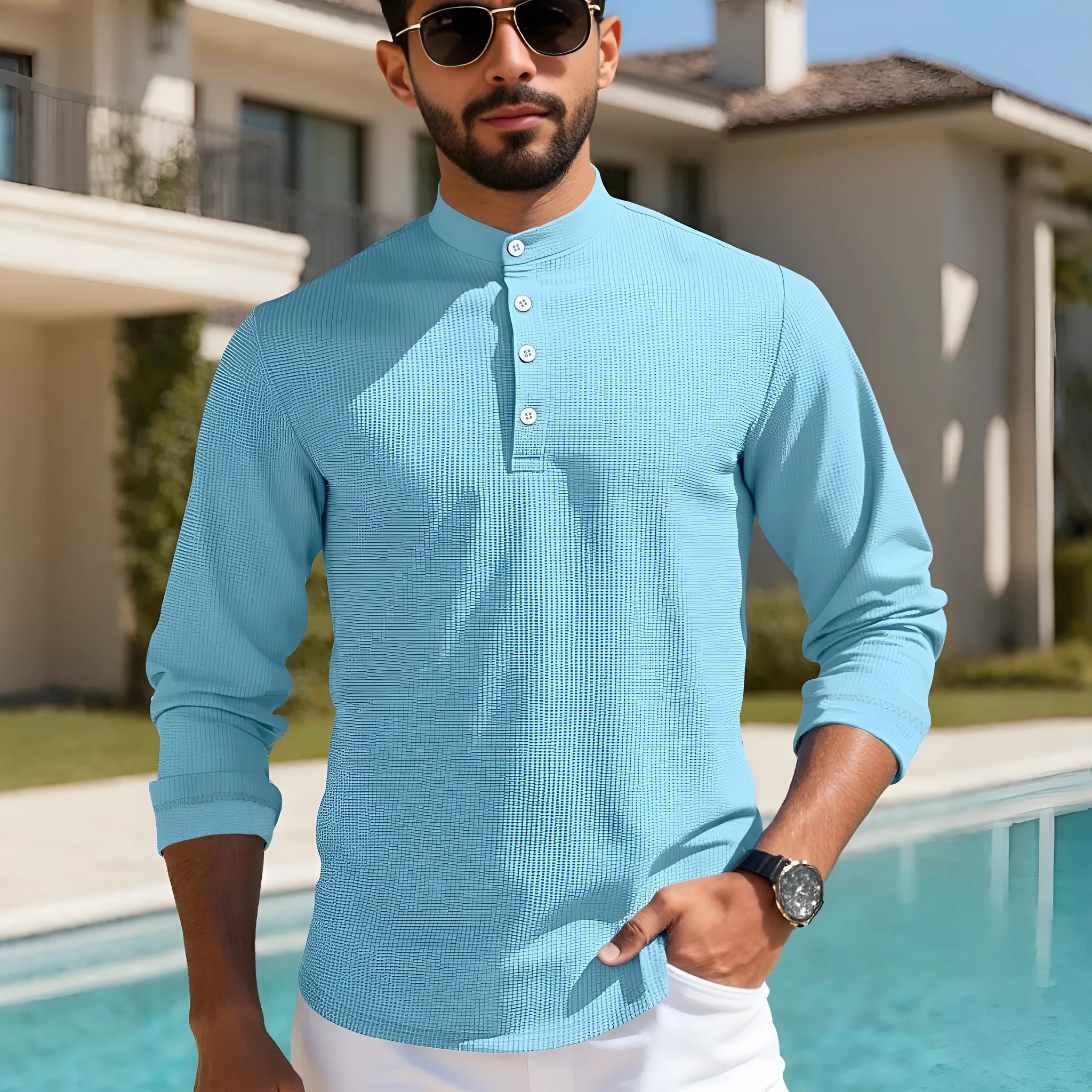 Men's grid pattern polyester long-sleeved casual cardigan in loose fit, shown in one of six available colours.