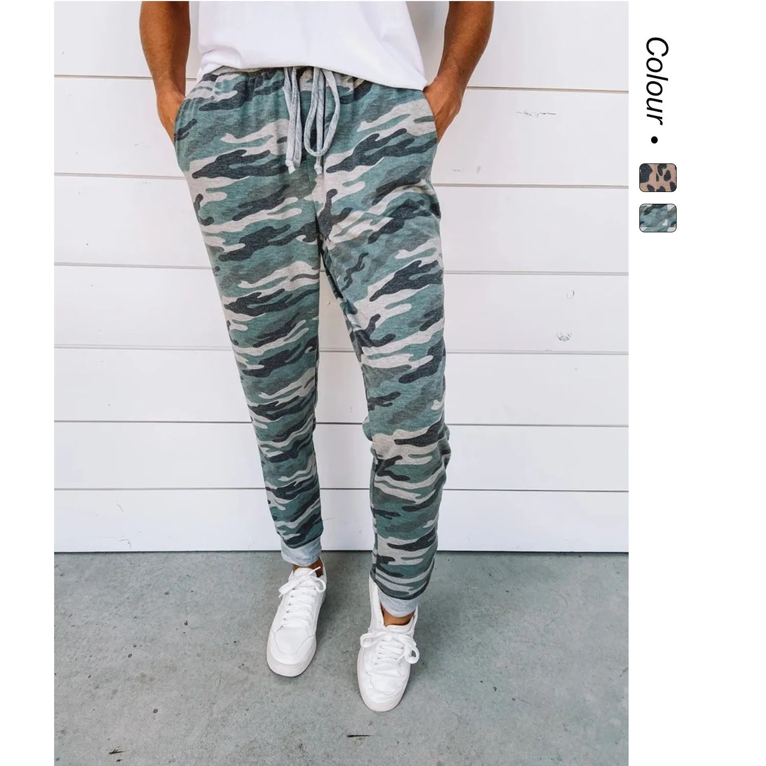 Women's casual pencil leggings with leopard print colour block pattern, mid-rise, polyester