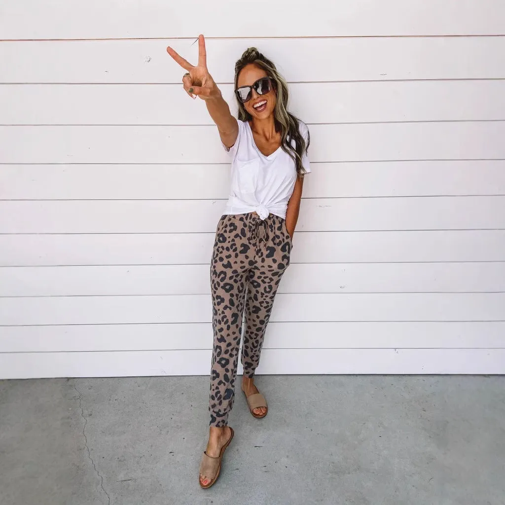 Women's casual pencil leggings with leopard print colour block pattern, mid-rise, polyester