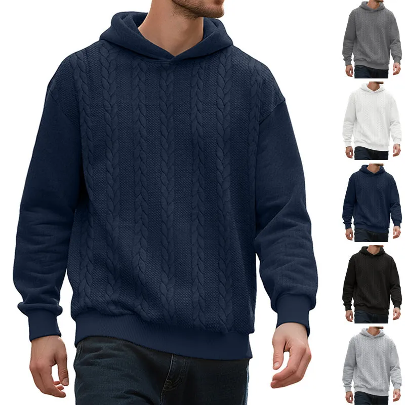 Men's casual thick jacquard hooded sweatshirt in dark gray, polyester winter loose fit top with long sleeves