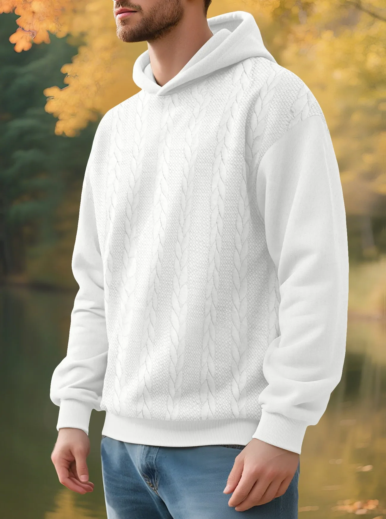 Men's casual thick jacquard hooded sweatshirt in dark gray, polyester winter loose fit top with long sleeves