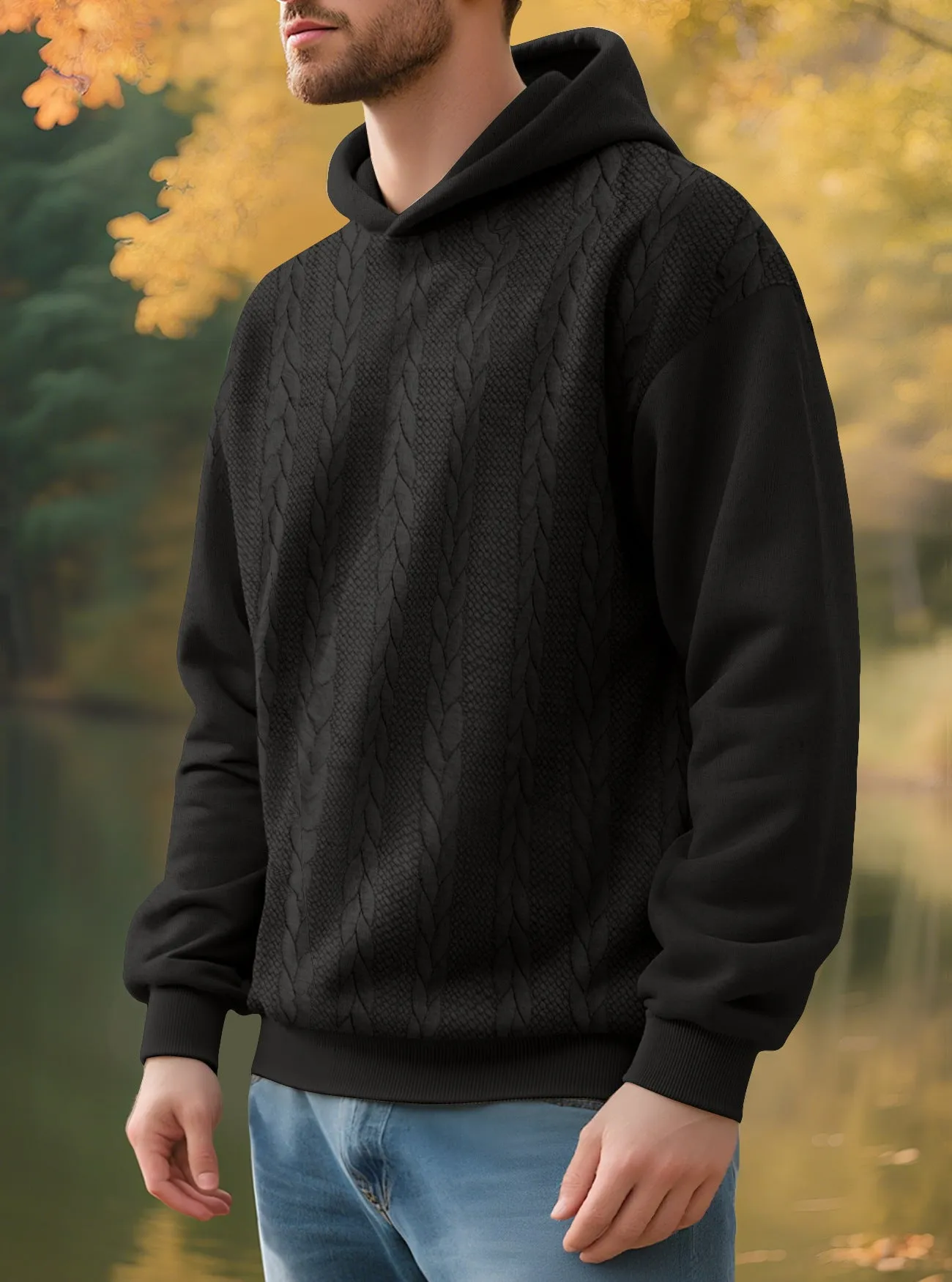 Men's casual thick jacquard hooded sweatshirt in dark gray, polyester winter loose fit top with long sleeves
