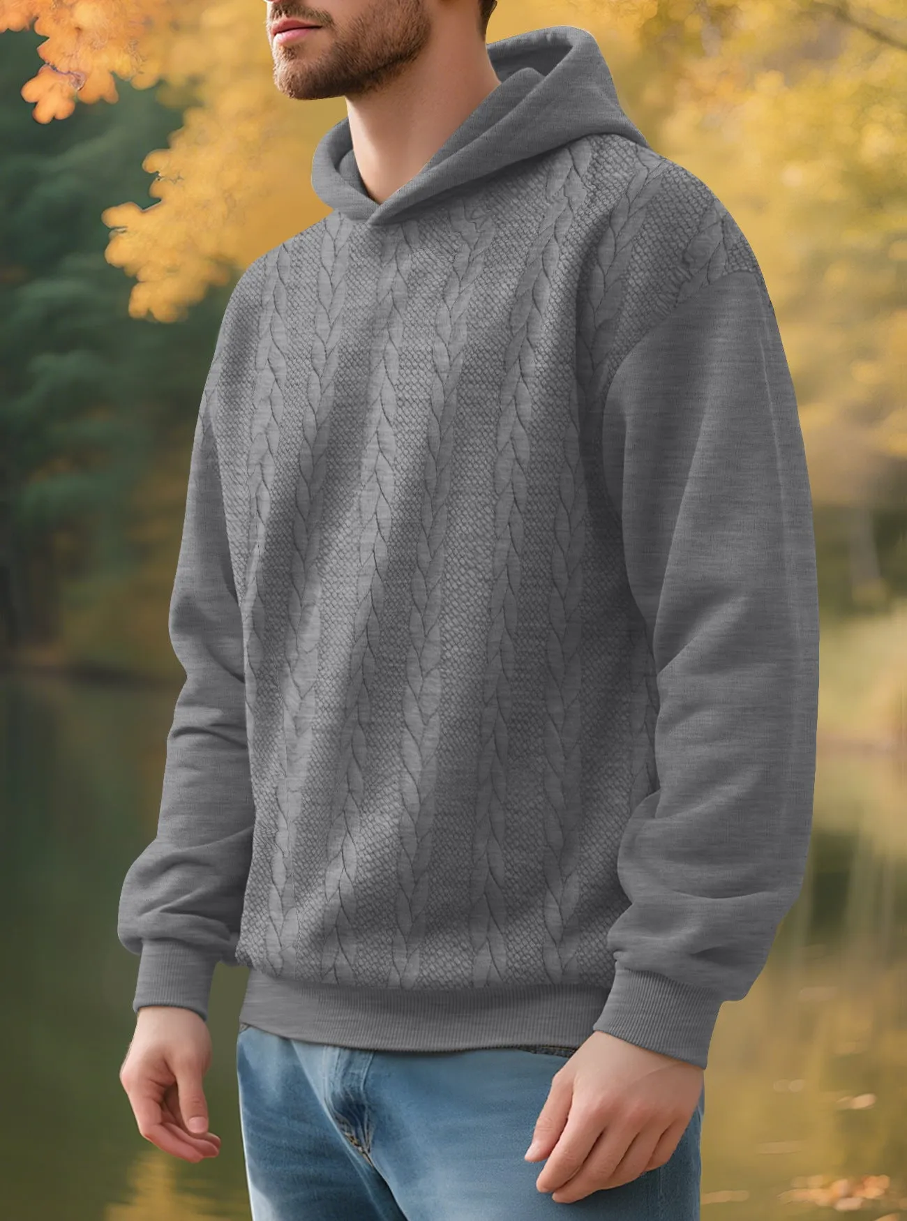 Men's casual thick jacquard hooded sweatshirt in dark gray, polyester winter loose fit top with long sleeves