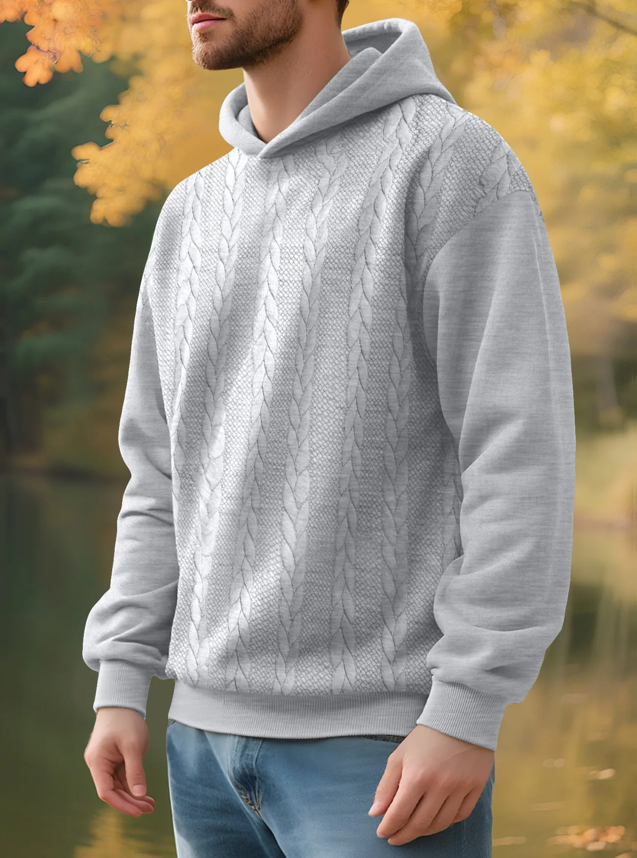 Men's casual thick jacquard hooded sweatshirt in dark gray, polyester winter loose fit top with long sleeves