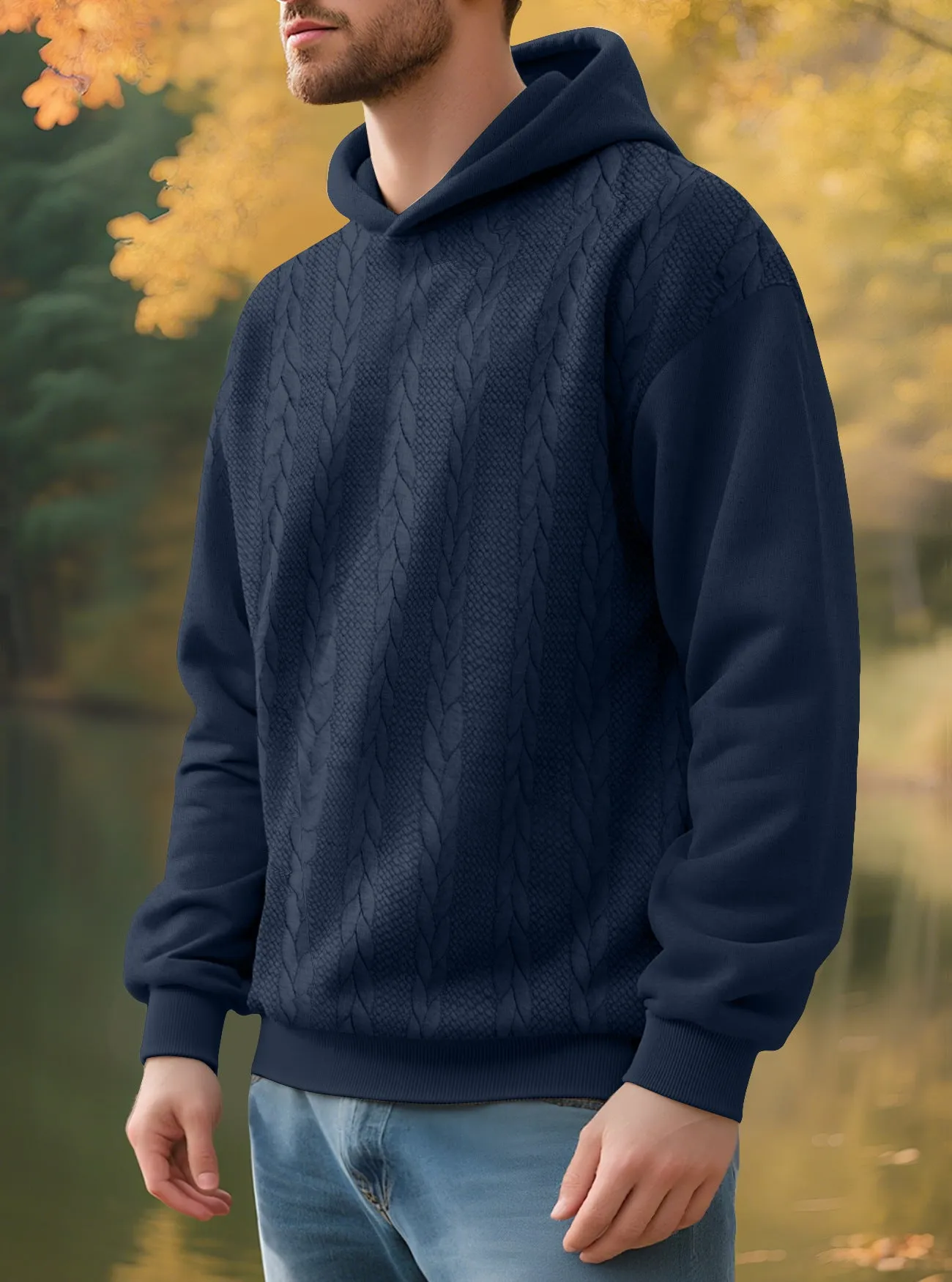 Men's casual thick jacquard hooded sweatshirt in dark gray, polyester winter loose fit top with long sleeves