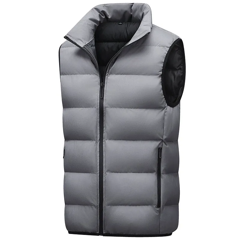Men's waterproof polyester vest in black with straight hem, front view