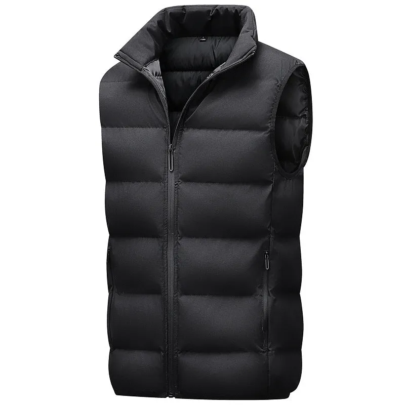 Men's waterproof polyester vest in black with straight hem, front view