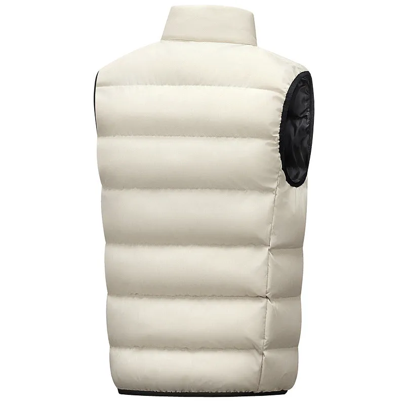 Men's waterproof polyester vest in black with straight hem, front view