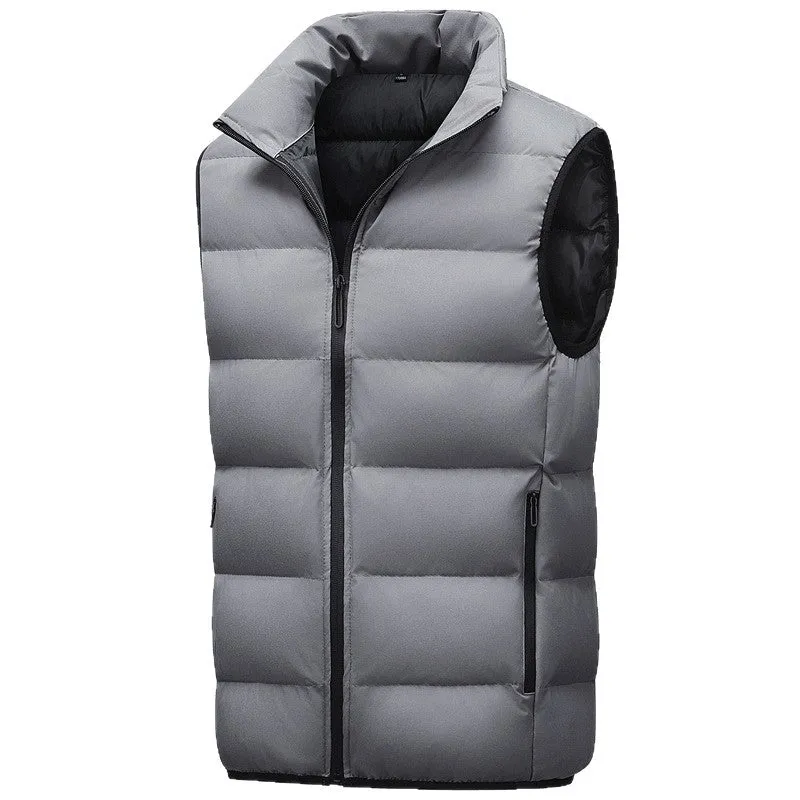 Men's waterproof polyester vest in black with straight hem, front view