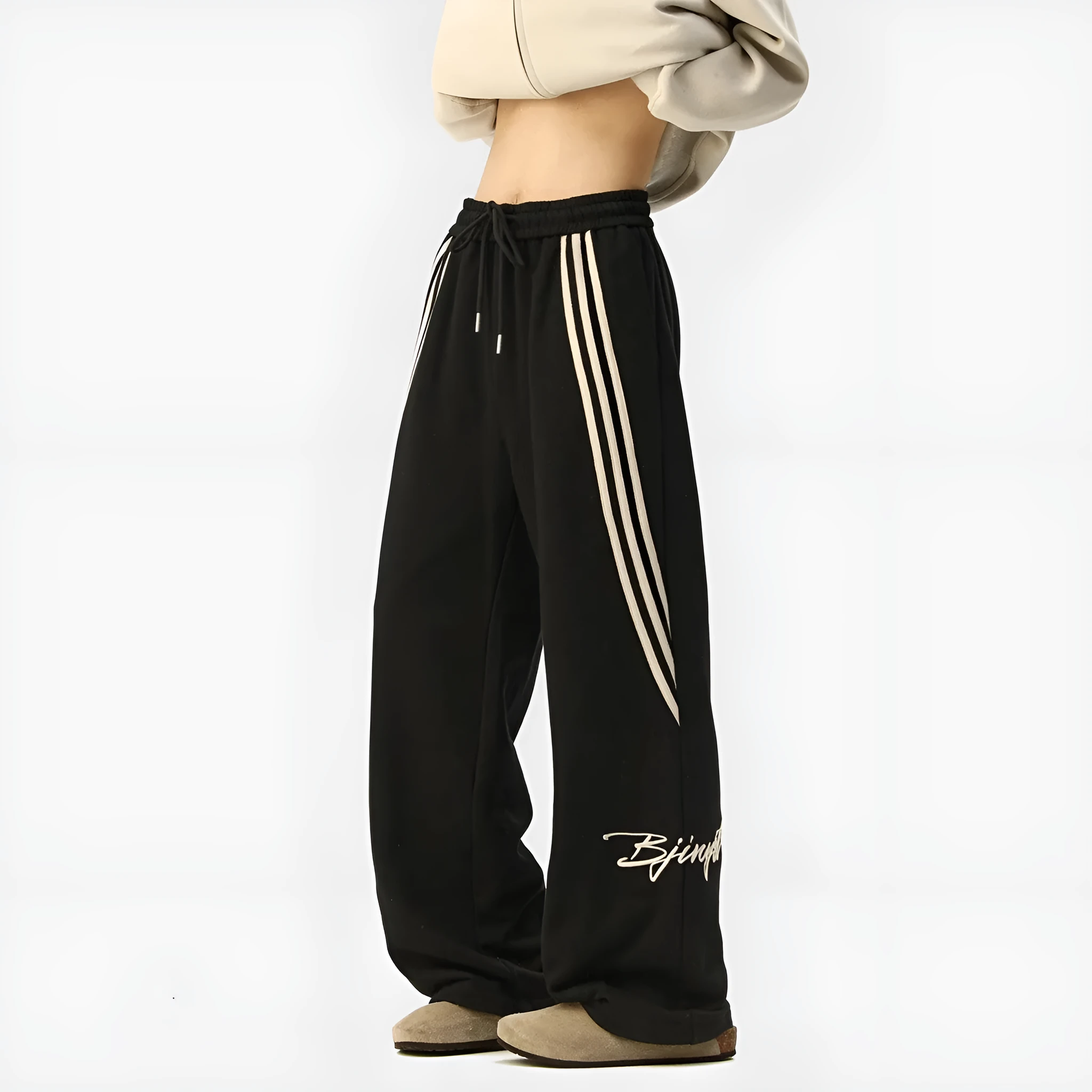 Men's striped loose straight-leg casual pants in Black, front view, showing wrinkle-free fabric and straight leg cut