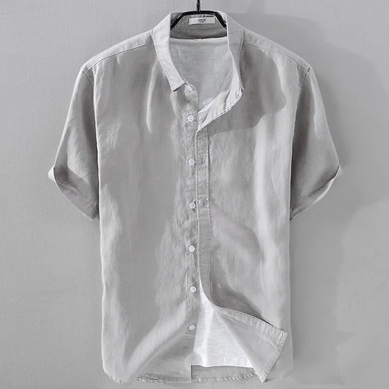 Men's solid colour short sleeve linen blend shirt on a hanger, showing loose fit.