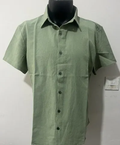 Men's solid colour short sleeve linen blend shirt on a hanger, showing loose fit.
