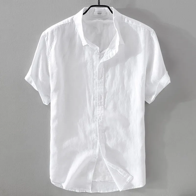 Men's solid colour short sleeve linen blend shirt on a hanger, showing loose fit.