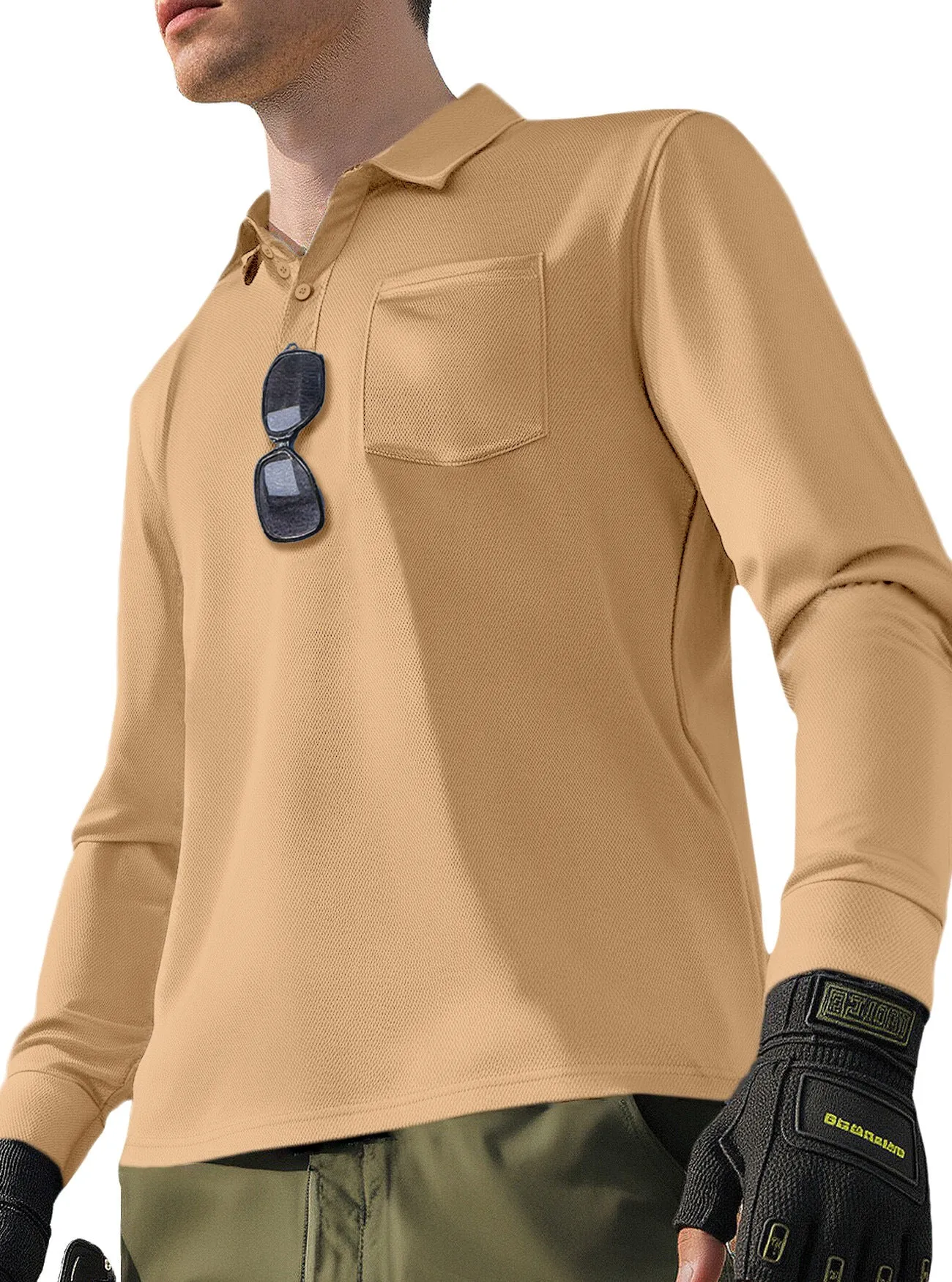 Men's solid colour quick-dry polo neck long sleeve top in polyester, loose fit, available in multiple colours