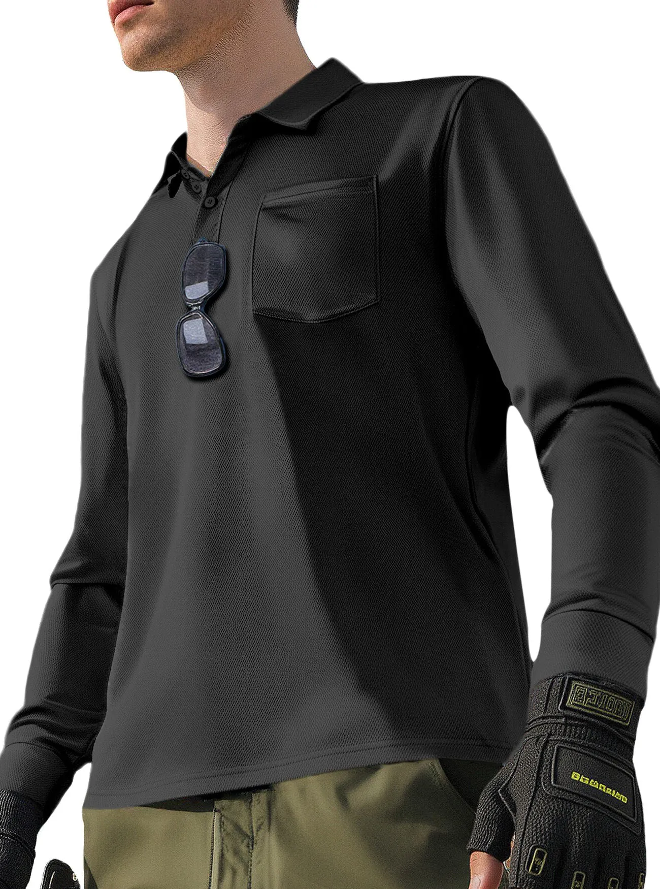 Men's solid colour quick-dry polo neck long sleeve top in polyester, loose fit, available in multiple colours