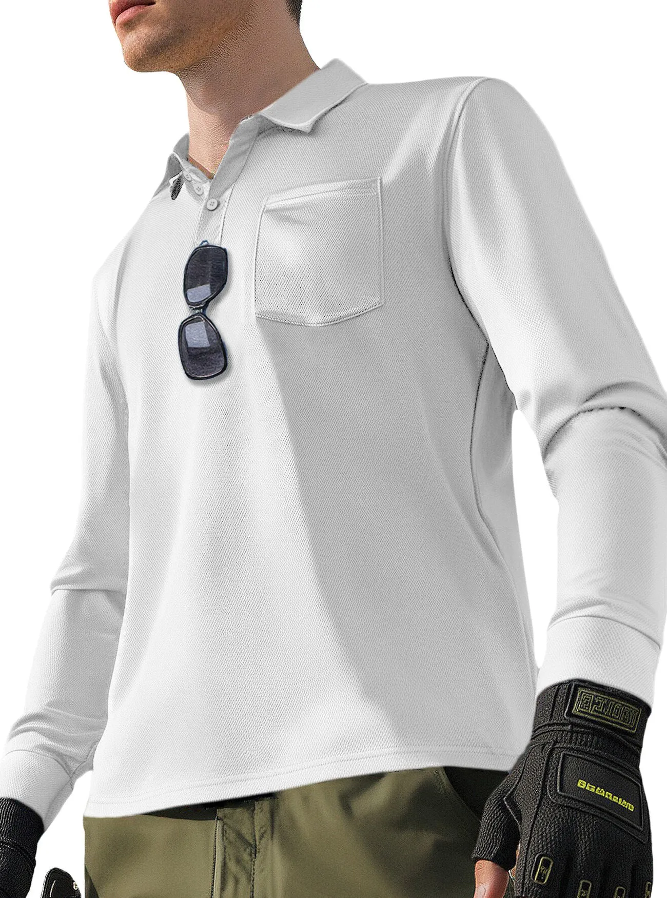 Men's solid colour quick-dry polo neck long sleeve top in polyester, loose fit, available in multiple colours