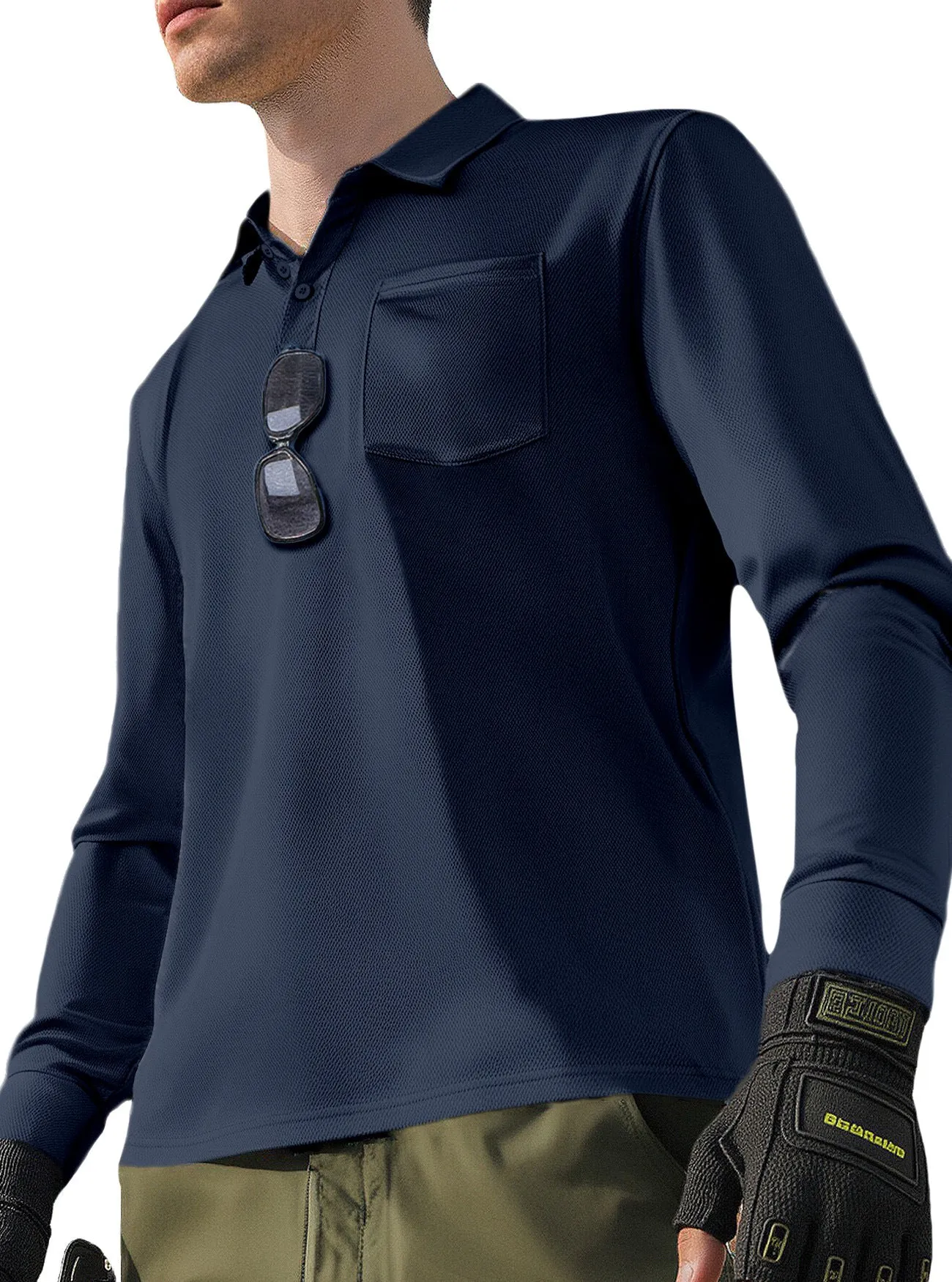 Men's solid colour quick-dry polo neck long sleeve top in polyester, loose fit, available in multiple colours