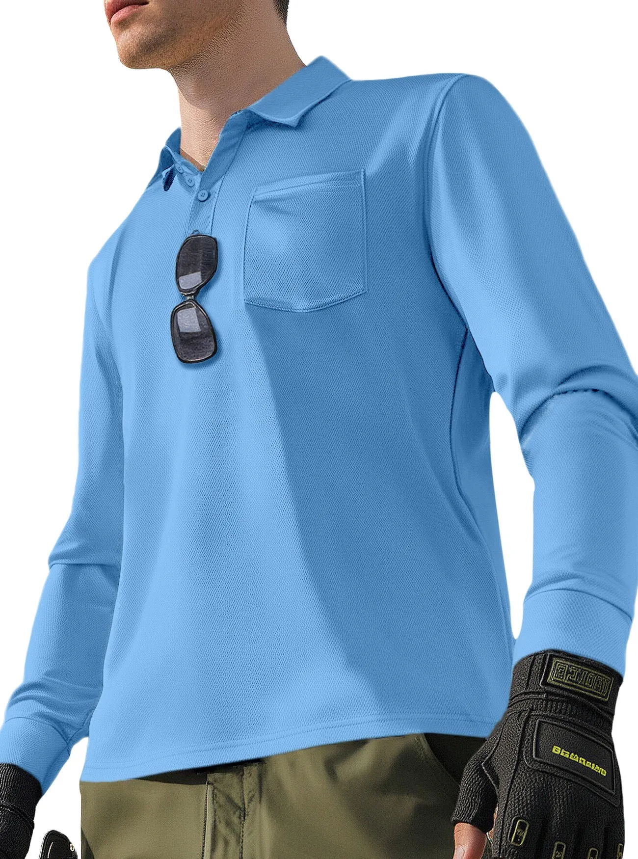 Men's solid colour quick-dry polo neck long sleeve top in polyester, loose fit, available in multiple colours