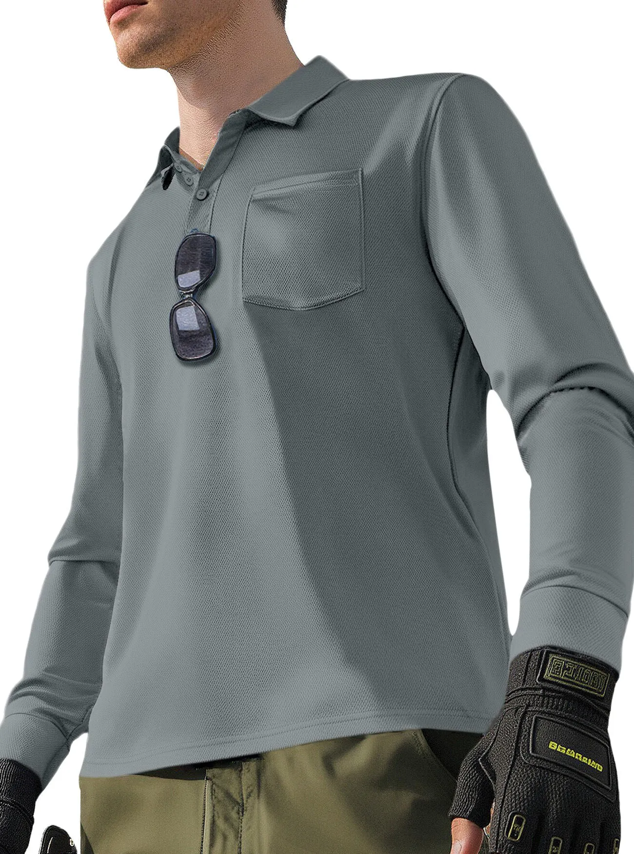Men's solid colour quick-dry polo neck long sleeve top in polyester, loose fit, available in multiple colours