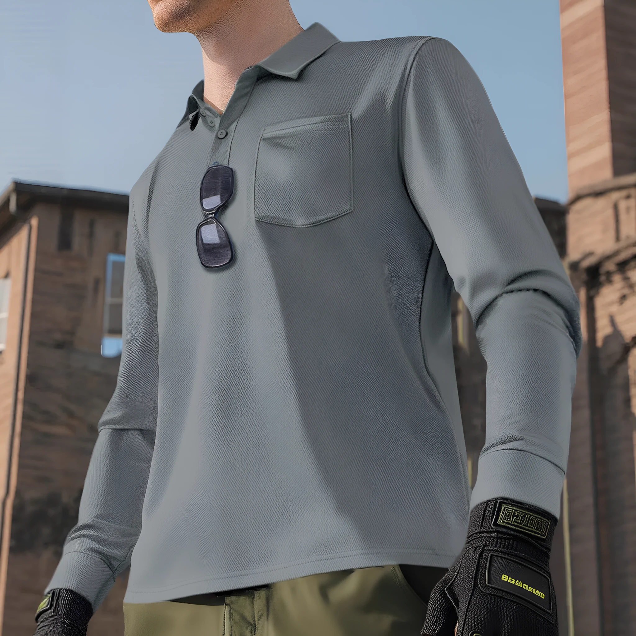 Men's solid colour quick-dry polo neck long sleeve top in polyester, loose fit, available in multiple colours