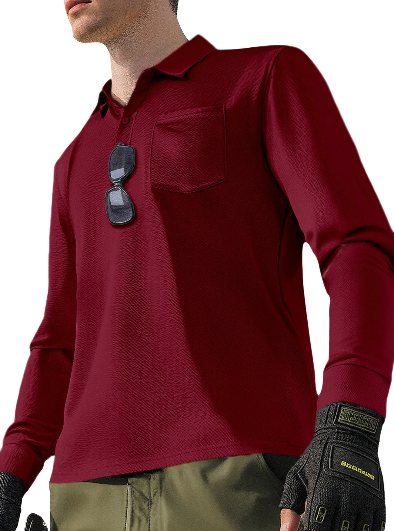 Men's solid colour quick-dry polo neck long sleeve top in polyester, loose fit, available in multiple colours