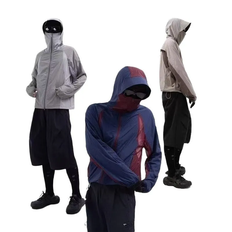 Mesh stitching thin nylon sun protective clothes in desert brown, light grey, red and blue colour options