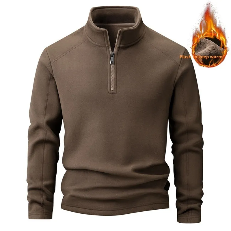 Men's stand collar half-zip long sleeve fleece sweatshirt in dark gray, loose fit, front view