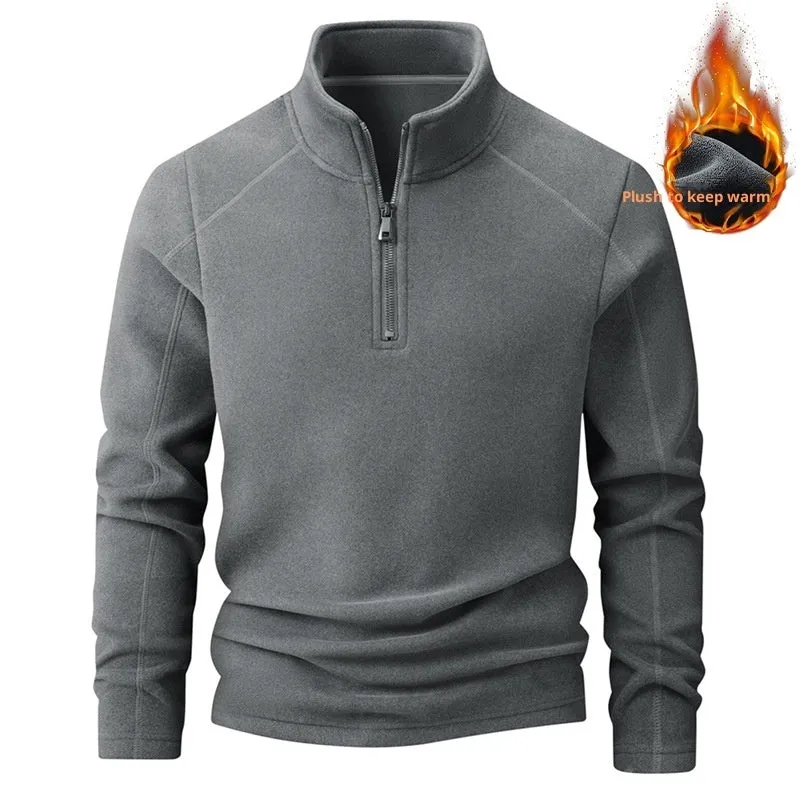 Men's stand collar half-zip long sleeve fleece sweatshirt in dark gray, loose fit, front view