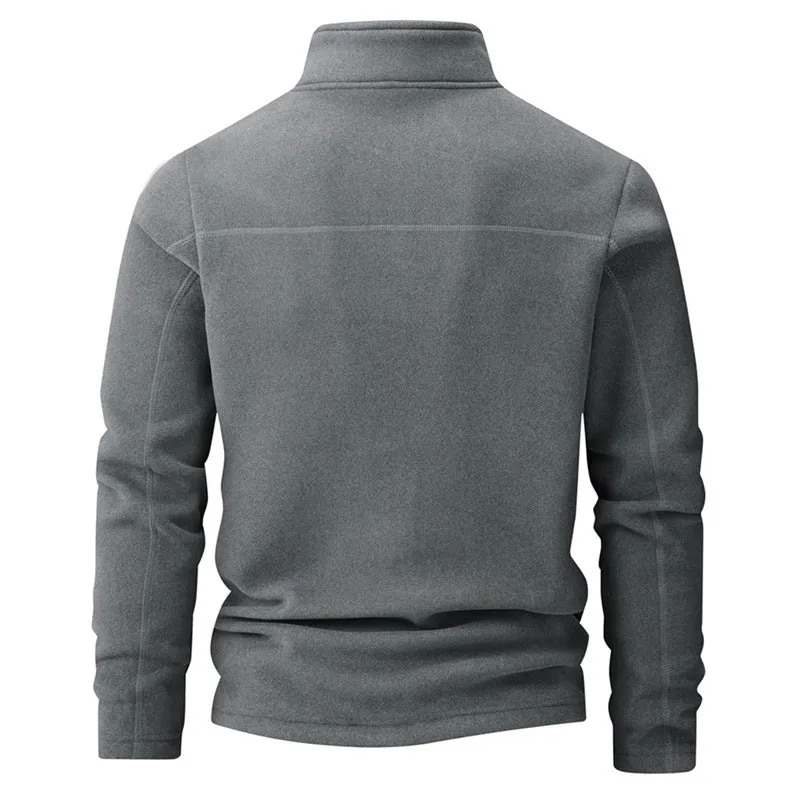 Men's stand collar half-zip long sleeve fleece sweatshirt in dark gray, loose fit, front view