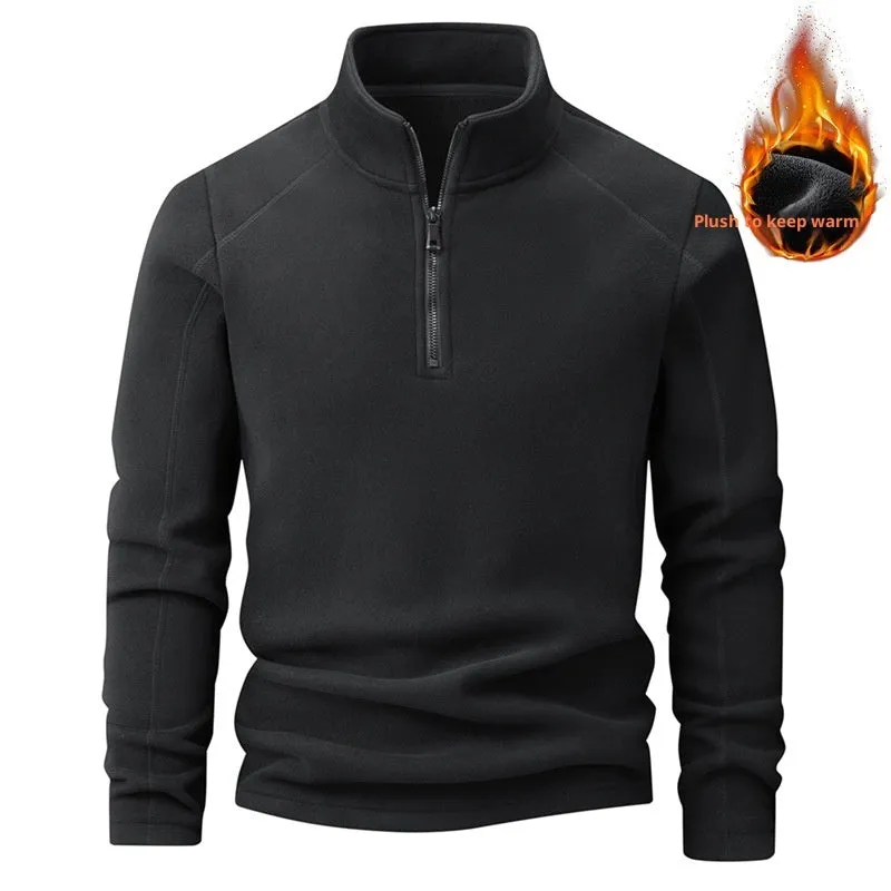 Men's stand collar half-zip long sleeve fleece sweatshirt in dark gray, loose fit, front view