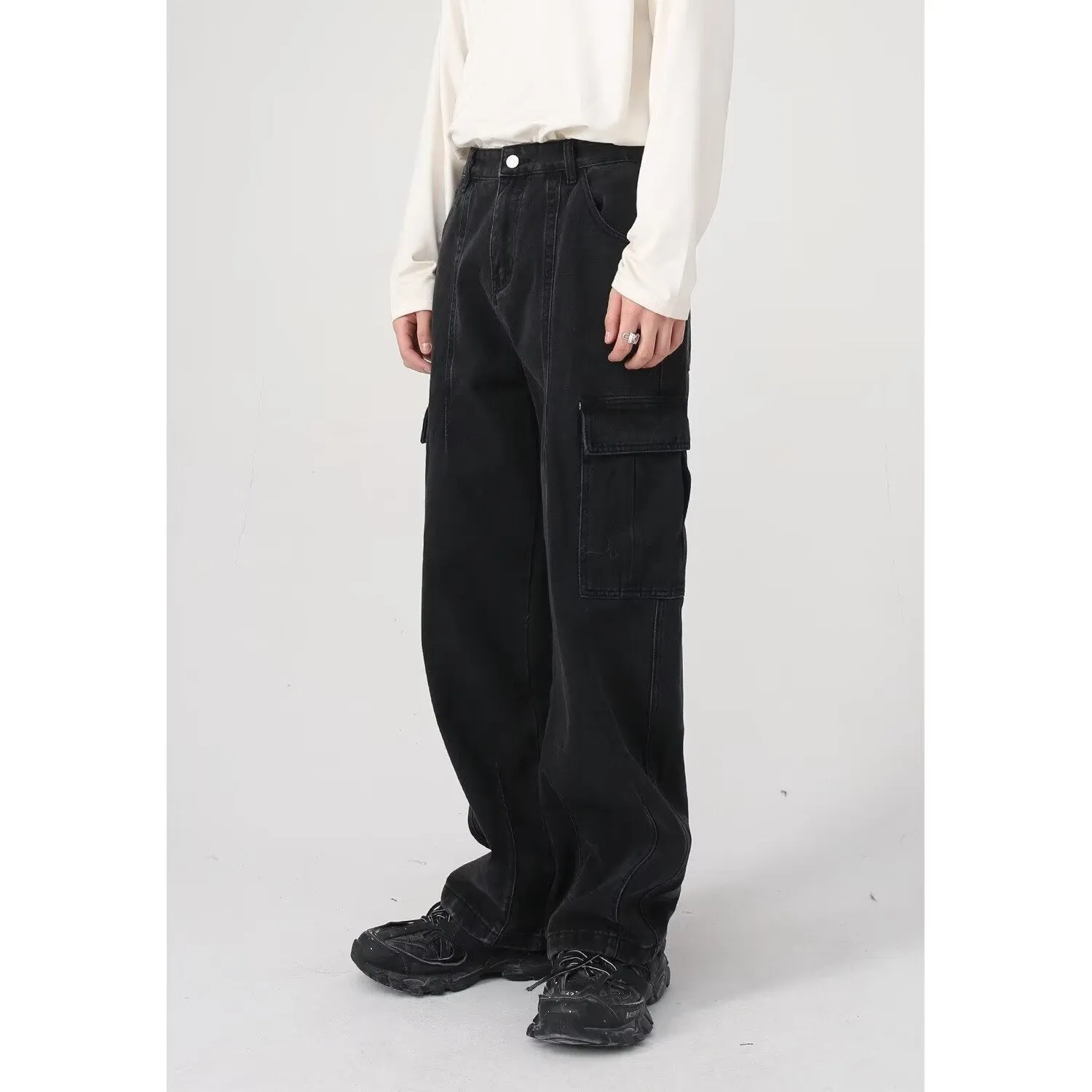 American retro loose straight leg cotton denim workwear jeans in blue with zipper fly