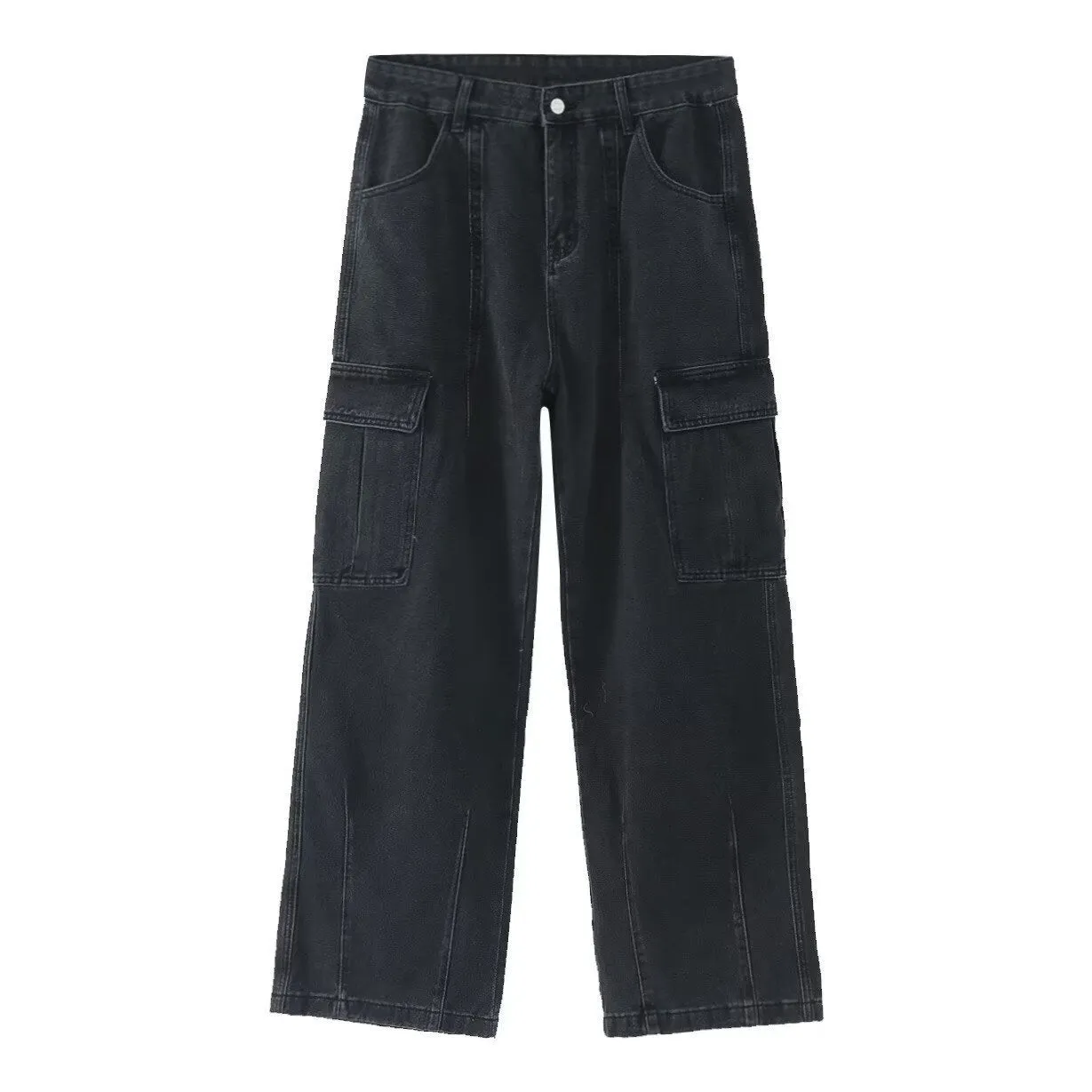 American retro loose straight leg cotton denim workwear jeans in blue with zipper fly