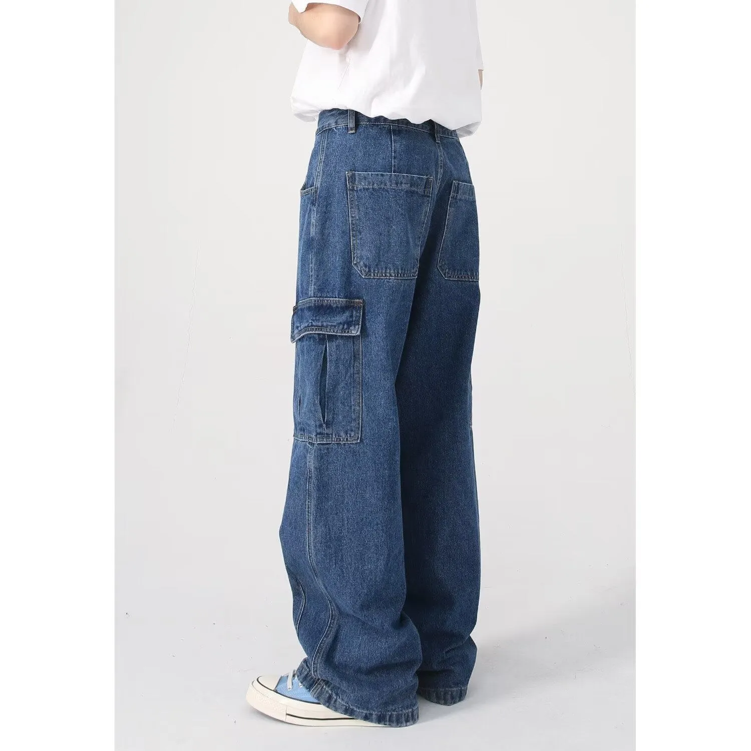 American retro loose straight leg cotton denim workwear jeans in blue with zipper fly