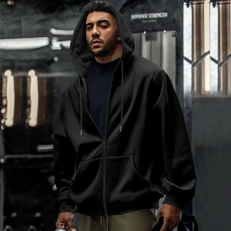Men's fleece-lined loose drawstring hooded zip-up sweater in six colour options and sizes S to XXXL