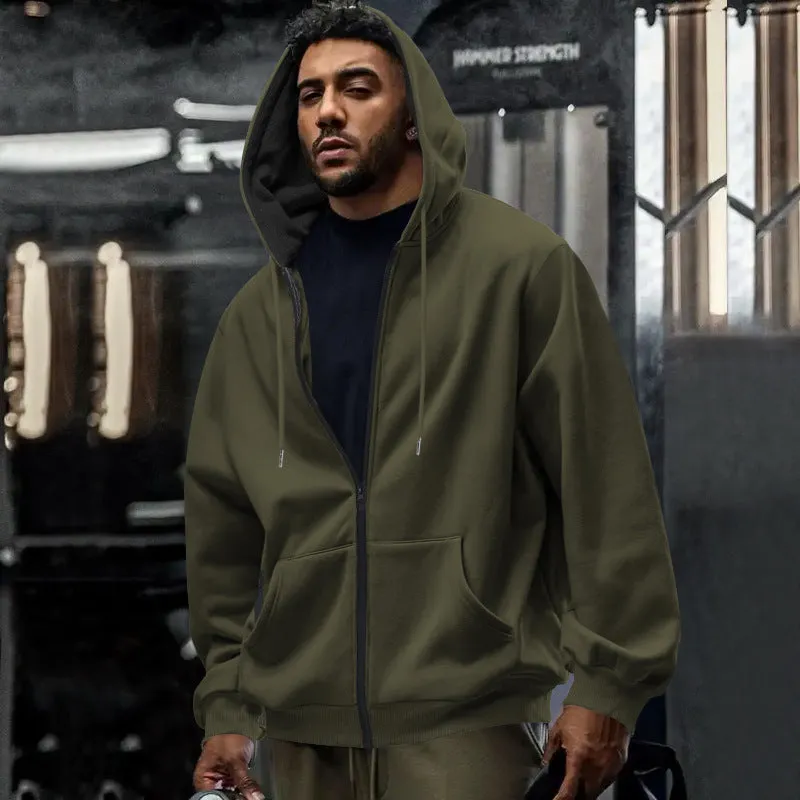 Men's fleece-lined loose drawstring hooded zip-up sweater in six colour options and sizes S to XXXL