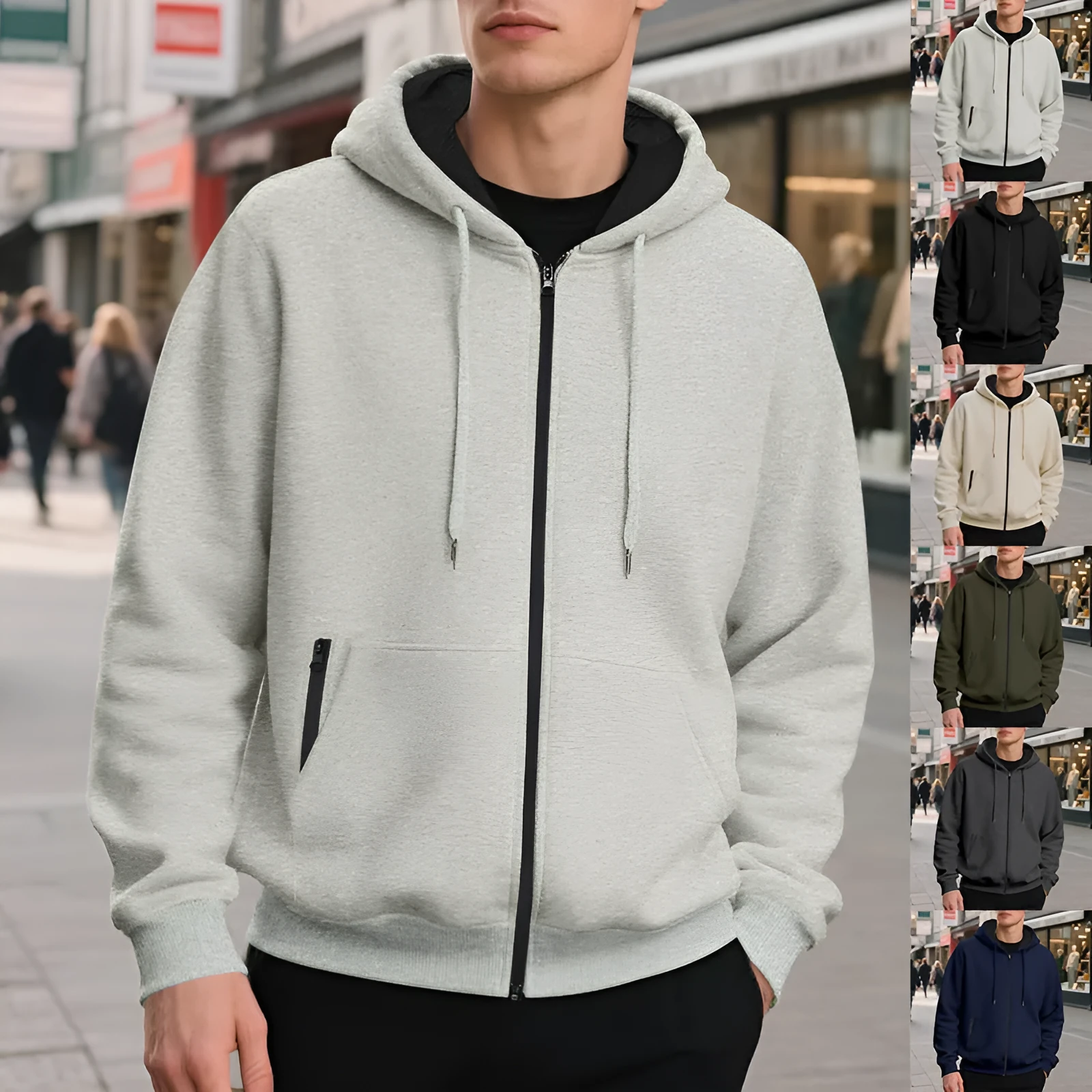 Men's fleece-lined loose drawstring hooded zip-up sweater in six colour options and sizes S to XXXL