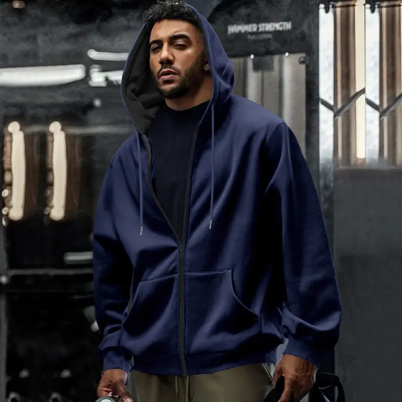 Men's fleece-lined loose drawstring hooded zip-up sweater in six colour options and sizes S to XXXL