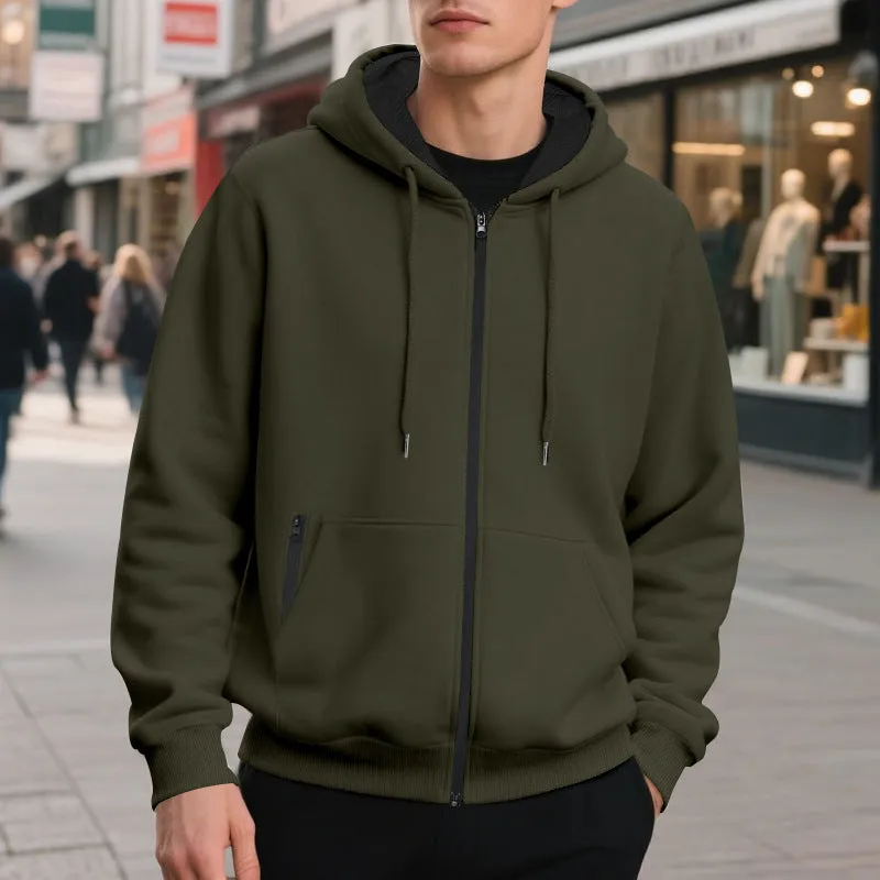 Men's fleece-lined loose drawstring hooded zip-up sweater in six colour options and sizes S to XXXL